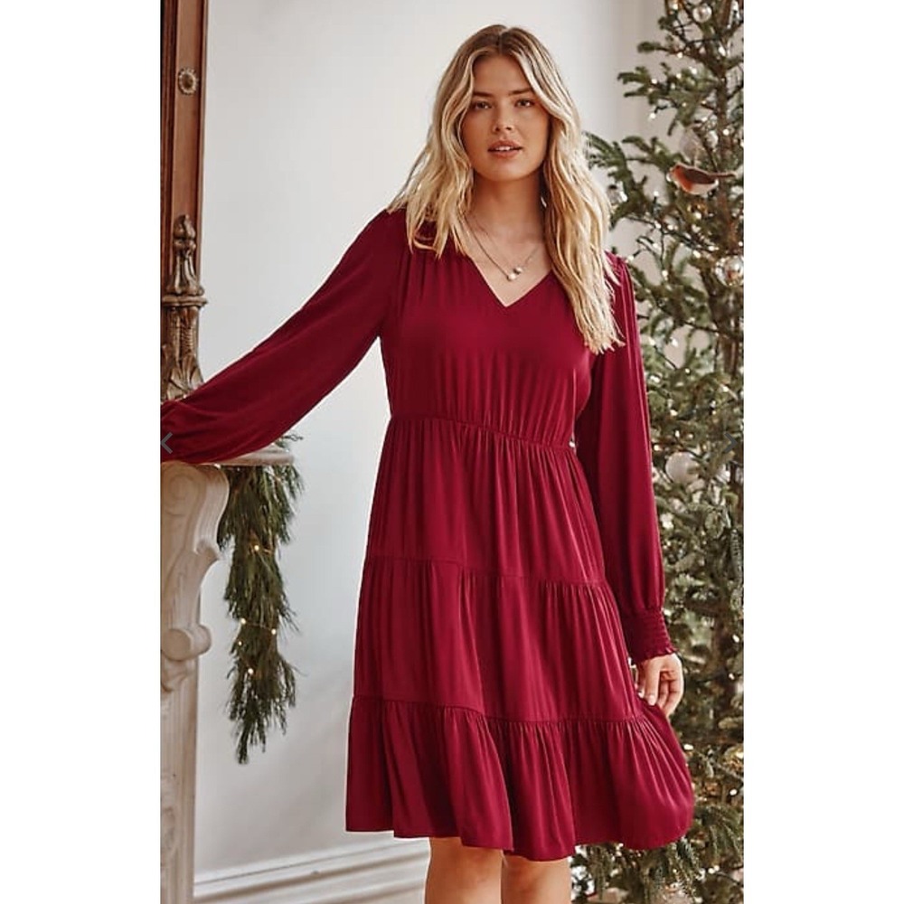 J. Jill Tiered Smocked-Sleeve Dress Crimson Red. NWT Size Petite Large